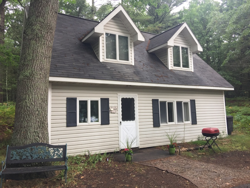 A house with two windows and a door.